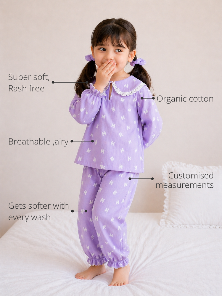 Anaario Purple Alphabet Night Suit features - organic cotton, super soft and rash free, breathable, gets softer with every wash, customised measurements