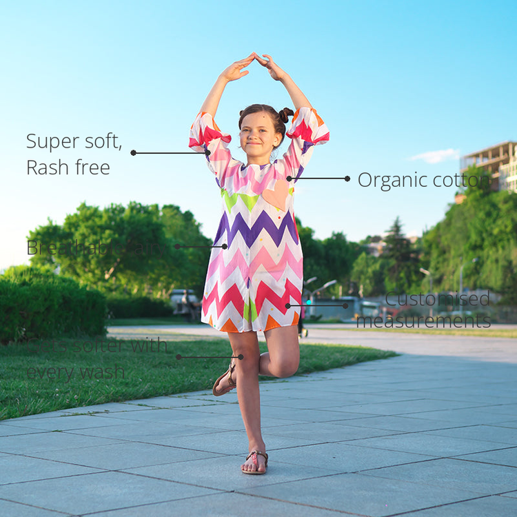 Anaario Sugar Rush Dress features - organic cotton, super soft and rash free, breathable, gets softer with every wash, customised measurements