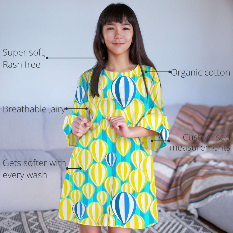 Anaario Aloha Sugar Rush Dress features - organic cotton, super soft and rash free, breathable, gets softer with every wash, customised measurements