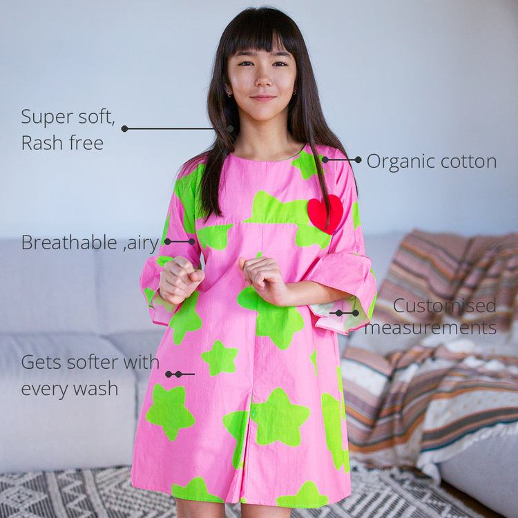 Anaario Sugar Rush Dress features - organic cotton, super soft and rash free, breathable, gets softer with every wash, customised measurements