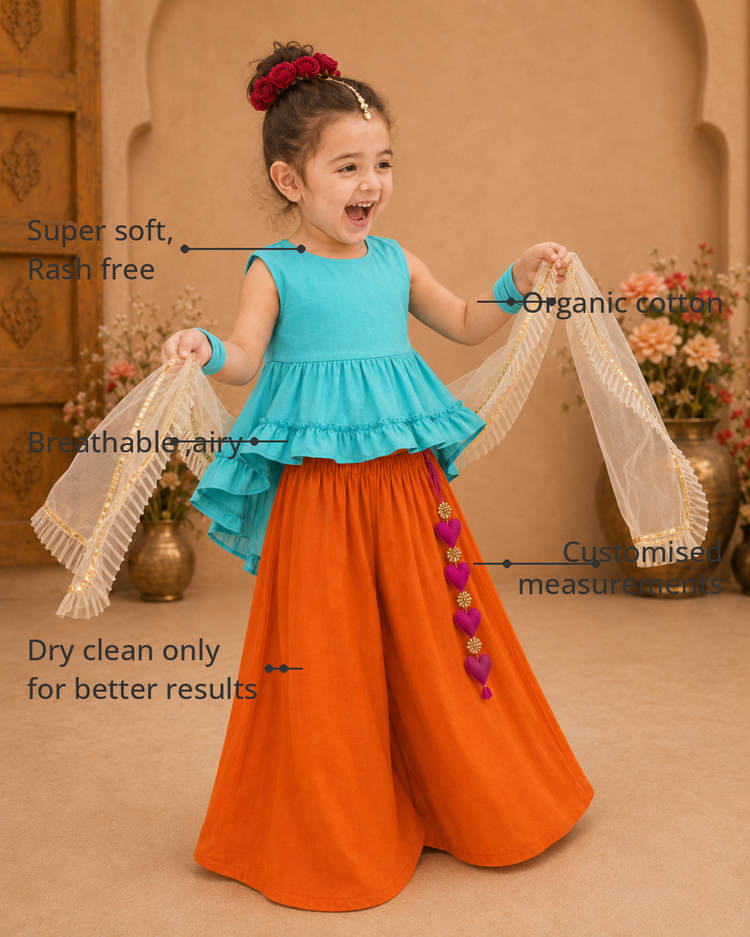 Anaario Teal Orange Palazzo Set features - organic cotton, super soft and rash free, breathable, dry clean only, customised measurements
