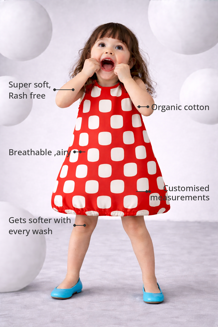 Anaario The Cherry Pop Dress features - organic cotton, super soft and rash free, breathable, gets softer with every wash, customised measurements