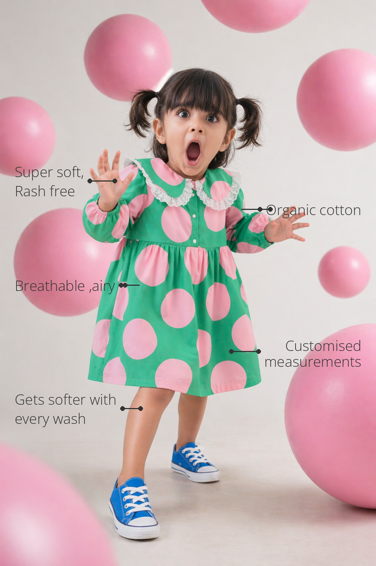 Anaario The Emerald Blossom Dress features - organic cotton, super soft and rash free, breathable, gets softer with every wash, customised measurements