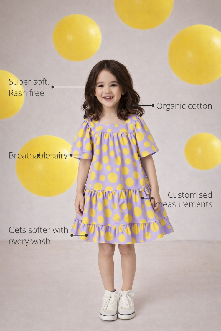 Anaario The Lavender Lemonade Dress features - organic cotton, super soft and rash free, breathable, gets softer with every wash, customised measurements
