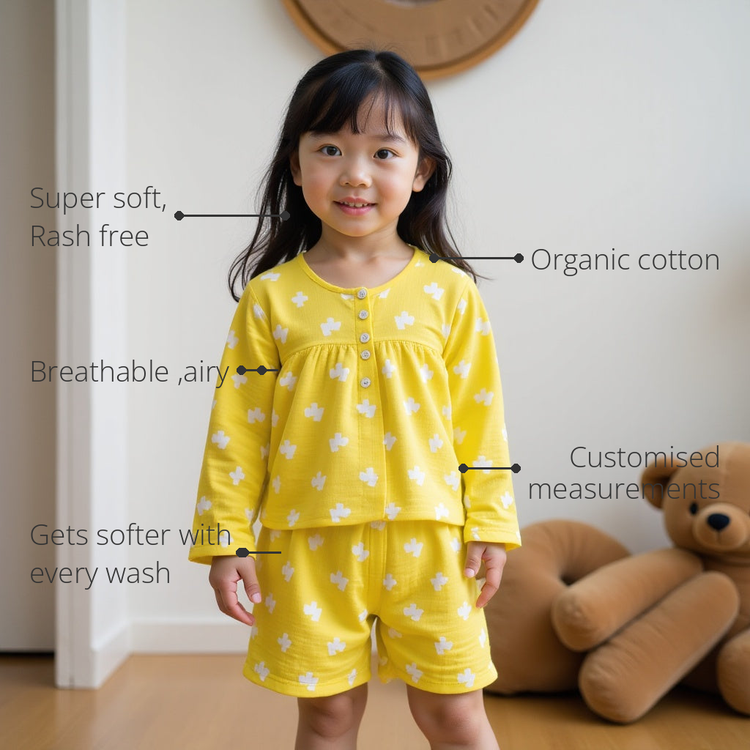 Anaario Yellow Alphabet Night Suit features - organic cotton, super soft and rash free, breathable, gets softer with every wash, customised measurements