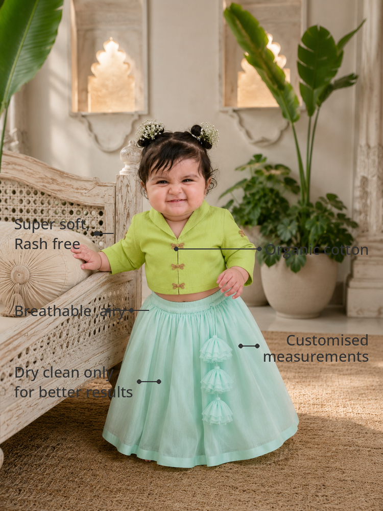Anaario Lime Dragonfly Jacket-Lehenga Set features - organic cotton, super soft and rash free, breathable, dry clean only, customised measurements