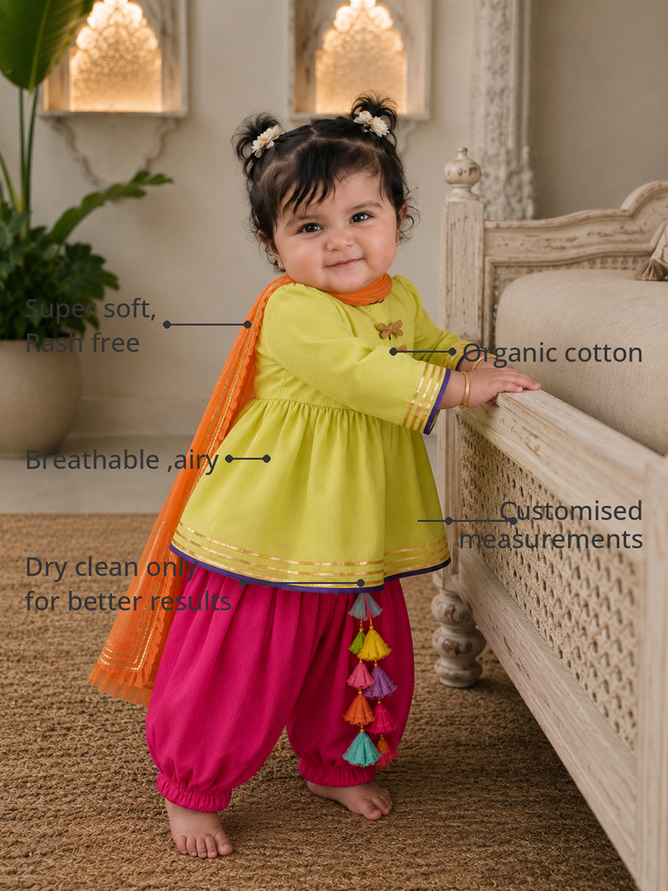Anaario Lime Dragonfly Patiala Salwar Set features - organic cotton, super soft and rash free, breathable, dry clean only, customised measurements