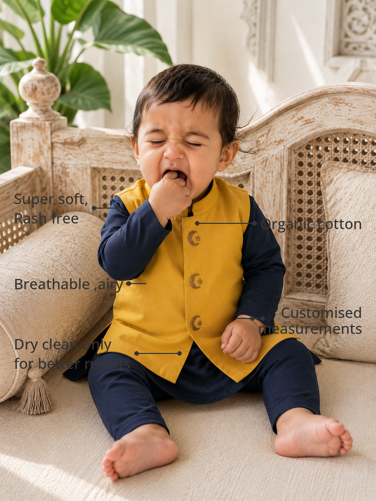 Anaario Navy Yellow Moon-Star Waistcoat Kurta features - organic cotton, super soft and rash free, breathable, dry clean only, customised measurements