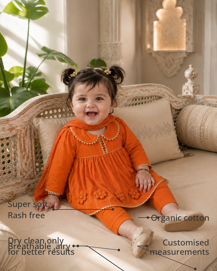 Anaario Orange Anarkali Set features - organic cotton, super soft and rash free, breathable, dry clean only, customised measurements
