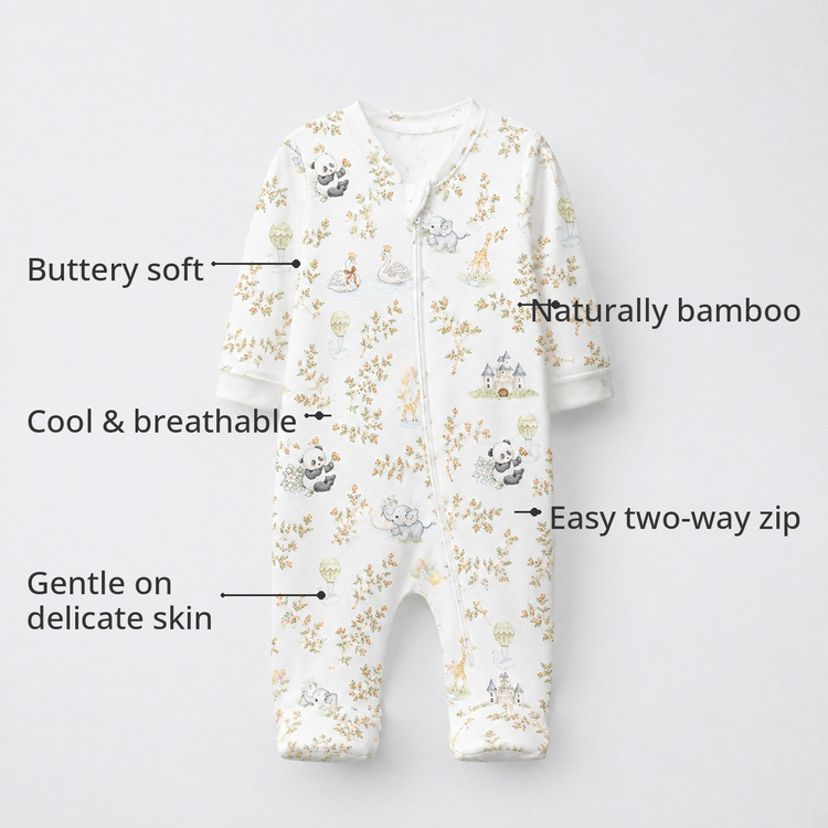 Panda Leaves Bamboo Baby Sleepsuit – Zip Romper Onesie – features