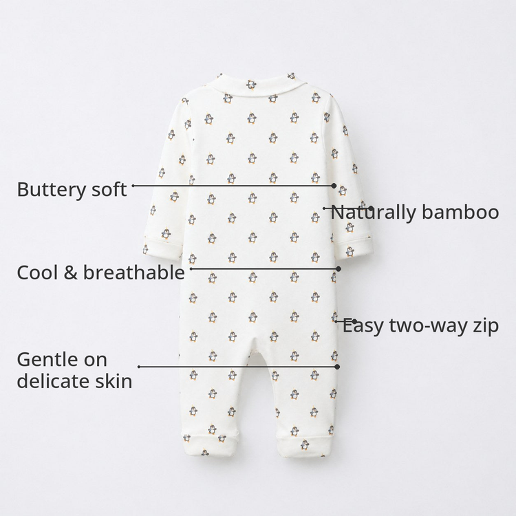 Penguin Bamboo Baby Sleepsuit – Zip Romper Onesie – features