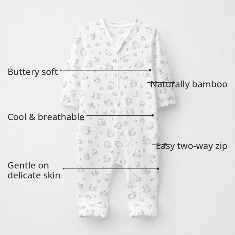 Pink Bunny Bamboo Baby Sleepsuit – Zip Romper Onesie Combo – features