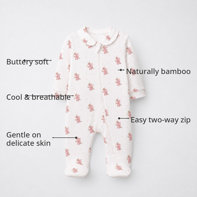 Pink Dino Bamboo Baby Sleepsuit – Zip Romper Onesie – features