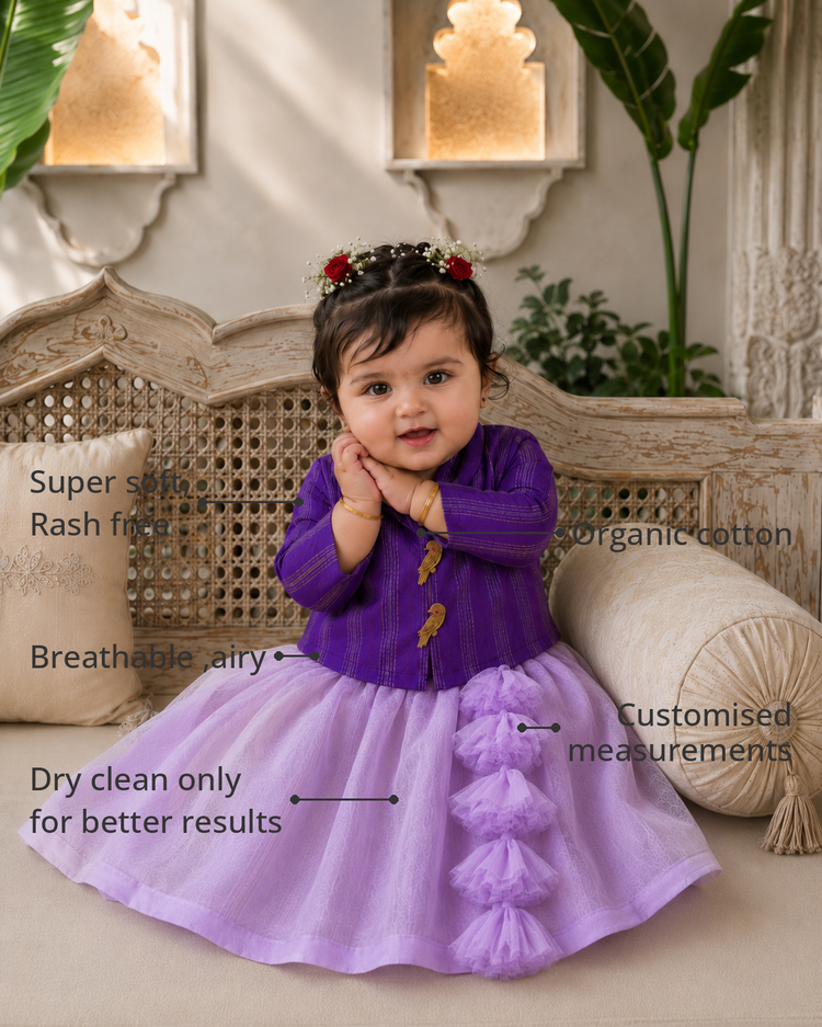 Anaario Purple Bird Jacket-Lehenga Set features - organic cotton, super soft and rash free, breathable, dry clean only, customised measurements