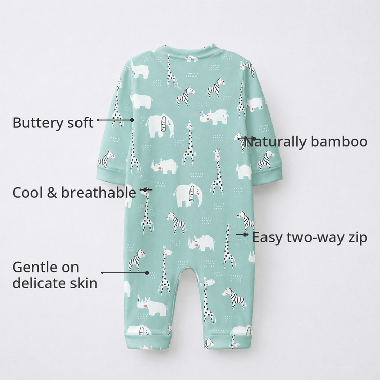Sea-Green Animals Bamboo Baby Sleepsuit – Zip Romper Onesie Combo – features