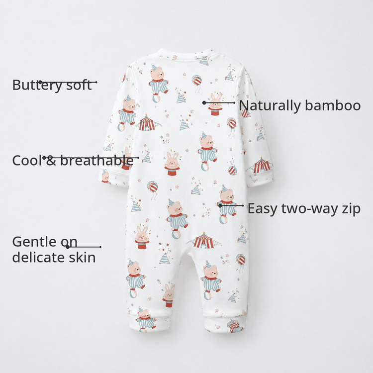 Teddy Carnival Bamboo Baby Sleepsuit – Zip Romper Onesie – features