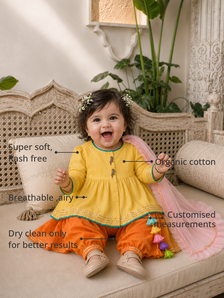 Anaario Yellow Parrot Patiala Salwar Set features - organic cotton, super soft and rash free, breathable, dry clean only, customised measurements