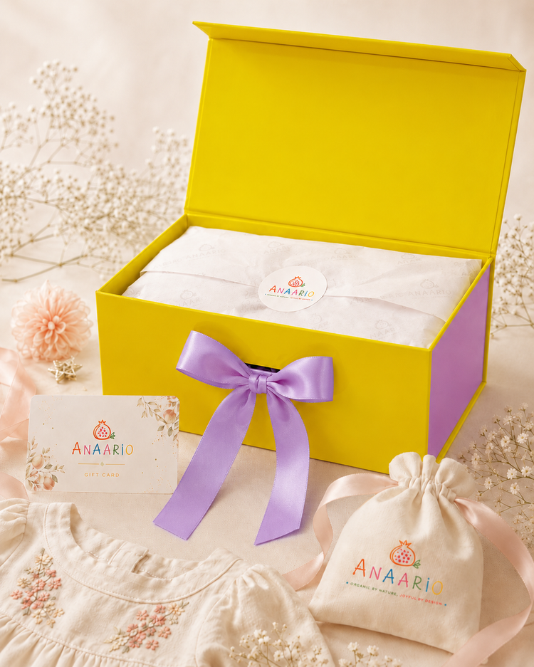Anaario gift box for Blue-a-Boo Night Suit - yellow gift box with gift card and cotton pouch