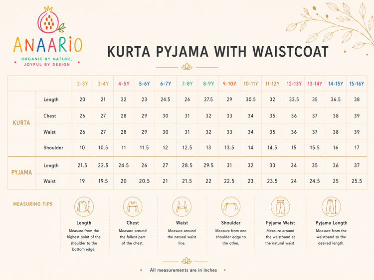 Anaario kurta set size chart in inches