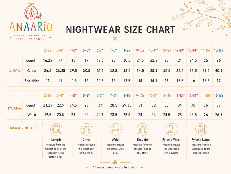 Anaario kids nightwear size chart in inches