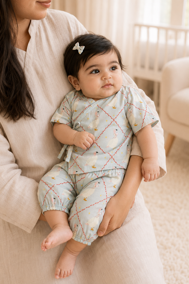 Baby wearing Anaario Blue Goose soft blue with goose and lattice prints co-ord set, newborn to 24 months