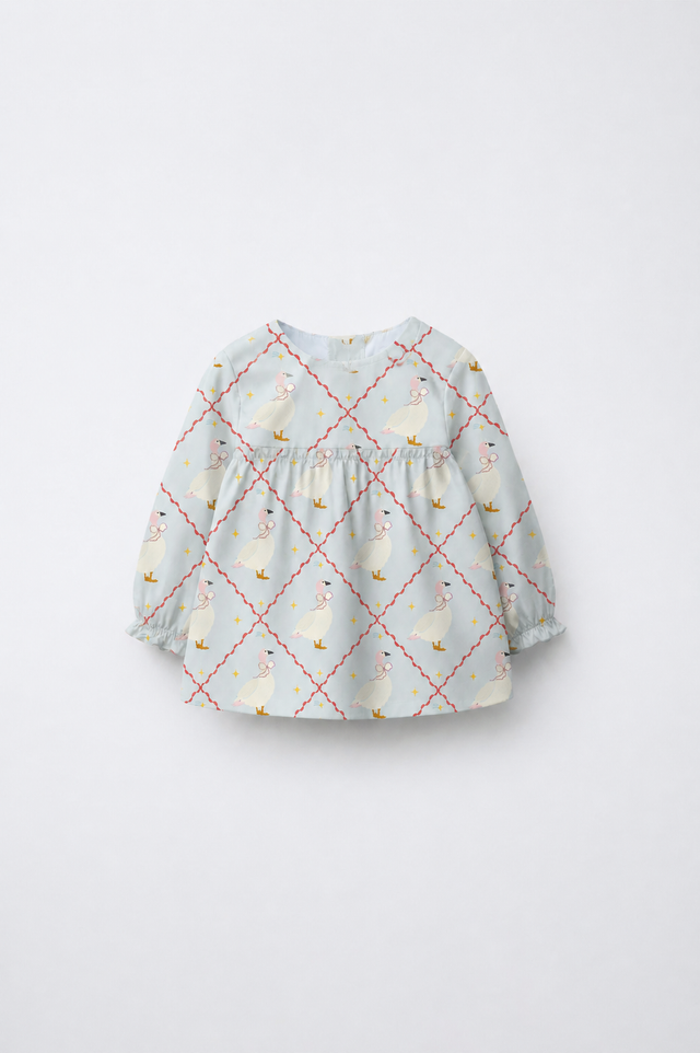 Baby wearing Anaario Blue Goose soft blue with goose and lattice prints co-ord set, newborn to 24 months