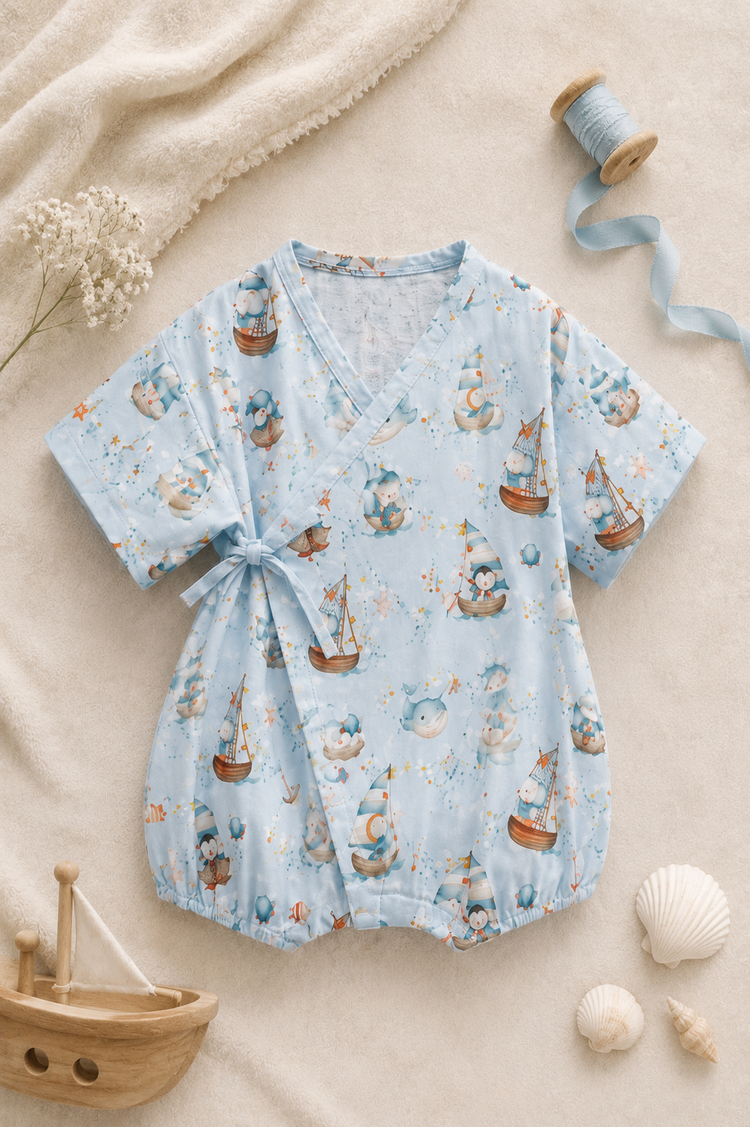 Baby wearing Anaario Ocean Sailor Wrap sky blue with boats whales penguins ocean prints romper, newborn to 24 months