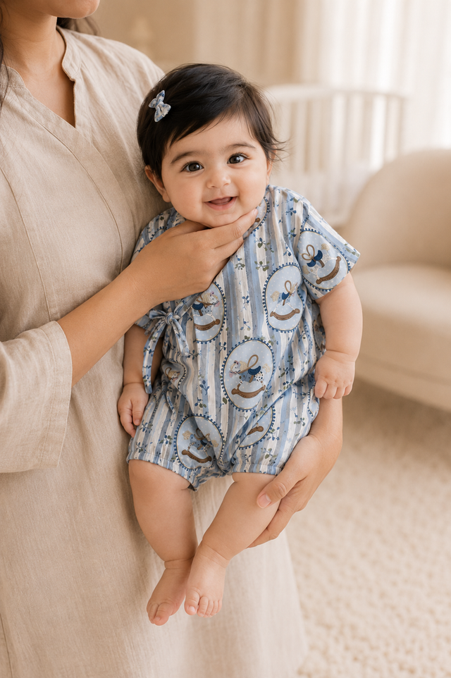 Baby wearing Anaario Blue Rocking Horse Wrap blue stripes with rocking horse prints romper, newborn to 24 months