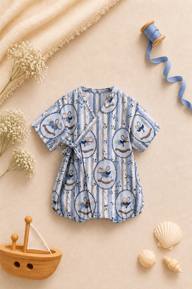 Baby wearing Anaario Blue Rocking Horse Wrap blue stripes with rocking horse prints romper, newborn to 24 months