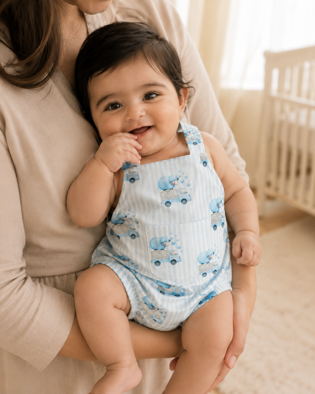 Baby wearing Anaario Blue Sheep Dungaree blue stripes with sheep-on-truck prints romper, newborn to 24 months