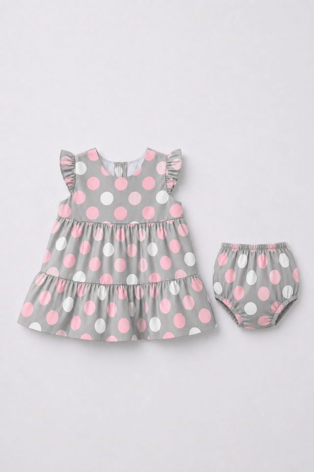 Baby wearing Anaario Blush Dot Tiered grey with pink and white polka dots tiered dress set, newborn to 24 months