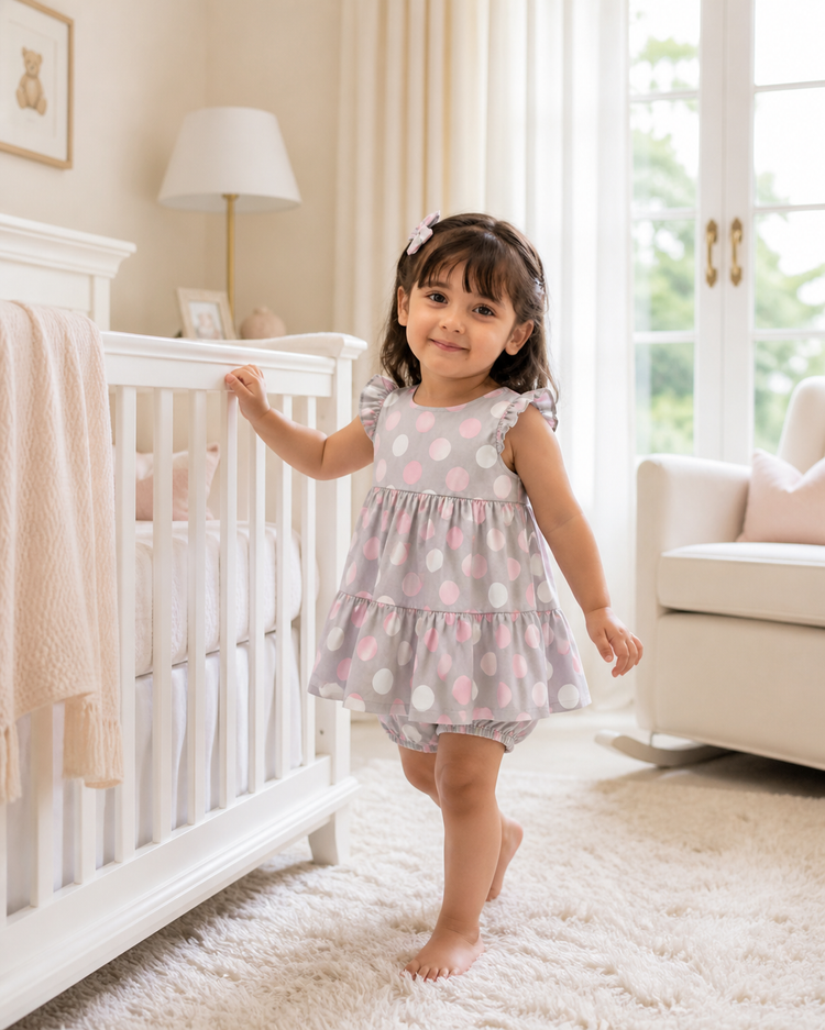 Baby wearing Anaario Blush Dot Tiered grey with pink and white polka dots tiered dress set, newborn to 24 months