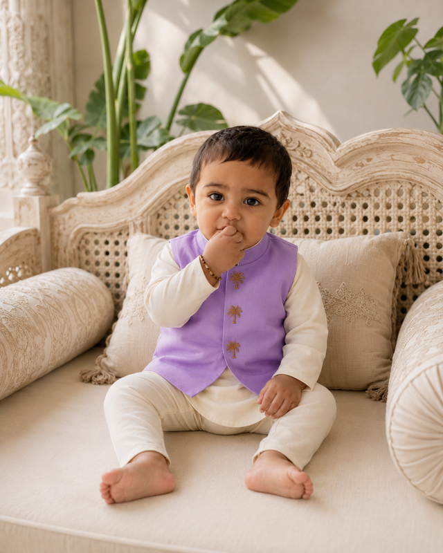 Baby wearing Anaario Cream Palm-Motif Baby Kurta Set, cream kurta with lavender palm-tree embroidered jacket, newborn to 24 months