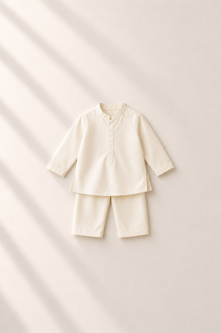 Anaario Cream Moon-Star Motif Jacket Kurta Set, cream kurta and pants flat lay