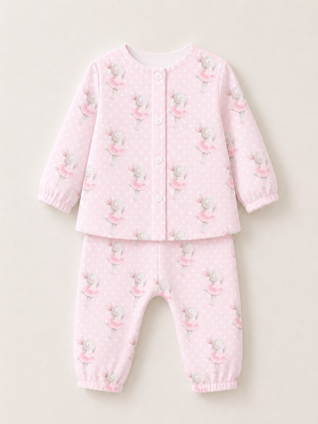 Baby wearing Anaario Dancing Bunny organic mulmul cotton Blossom Breeze set, newborn to 24 months