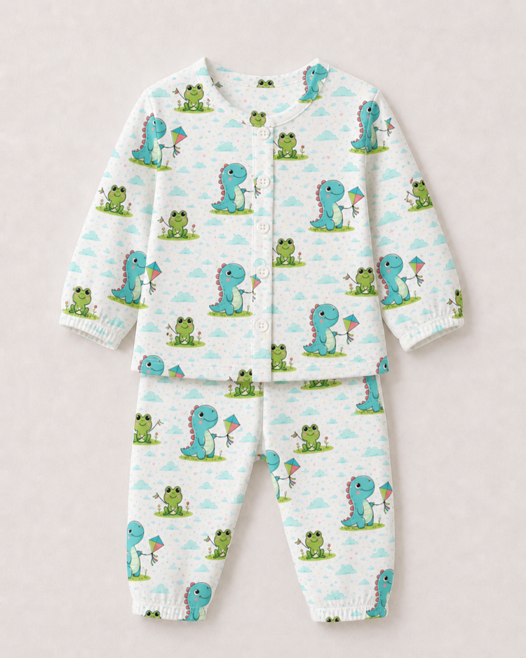 Baby wearing Anaario Dino-Kites organic mulmul cotton set, newborn to 24 months