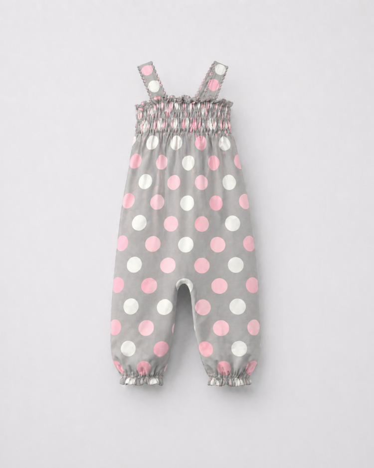 Baby wearing Anaario Blush Dot Smocked grey romper with pink and white polka dots, newborn to 24 months