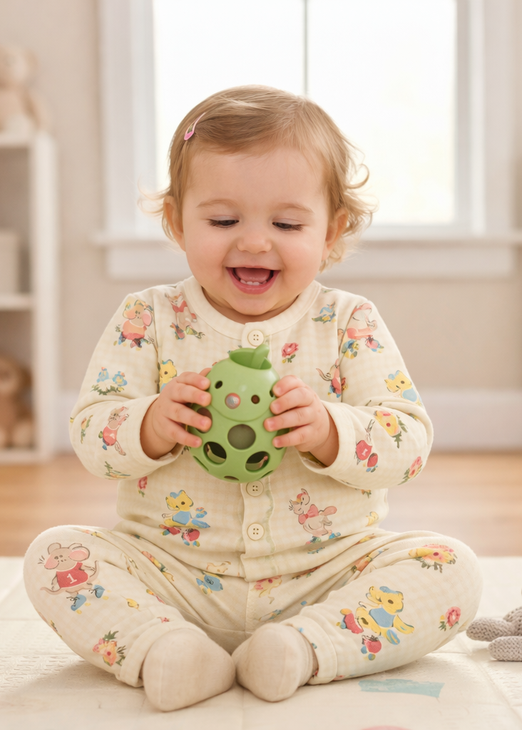Baby wearing Anaario Ducks and Mouse organic mulmul cotton set, newborn to 24 months