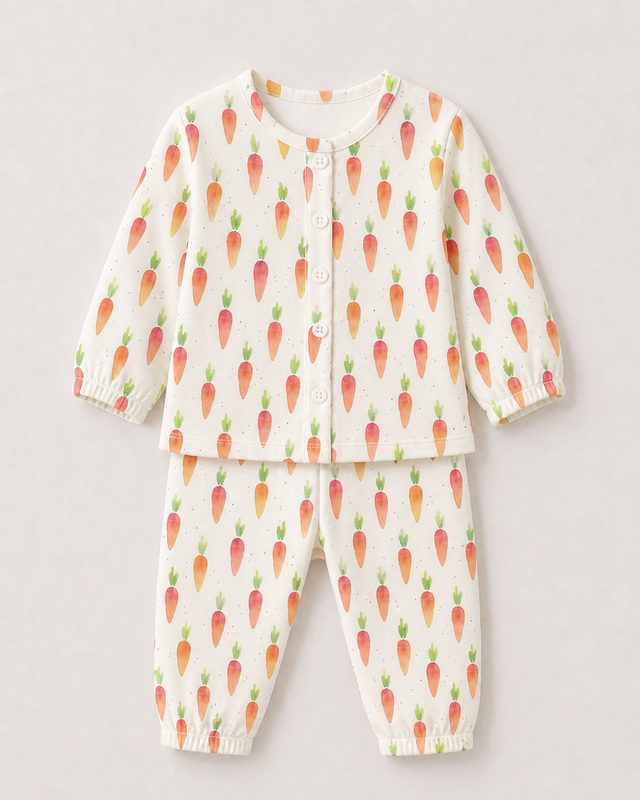Baby wearing Anaario Garden Carrots organic mulmul cotton set, newborn to 24 months