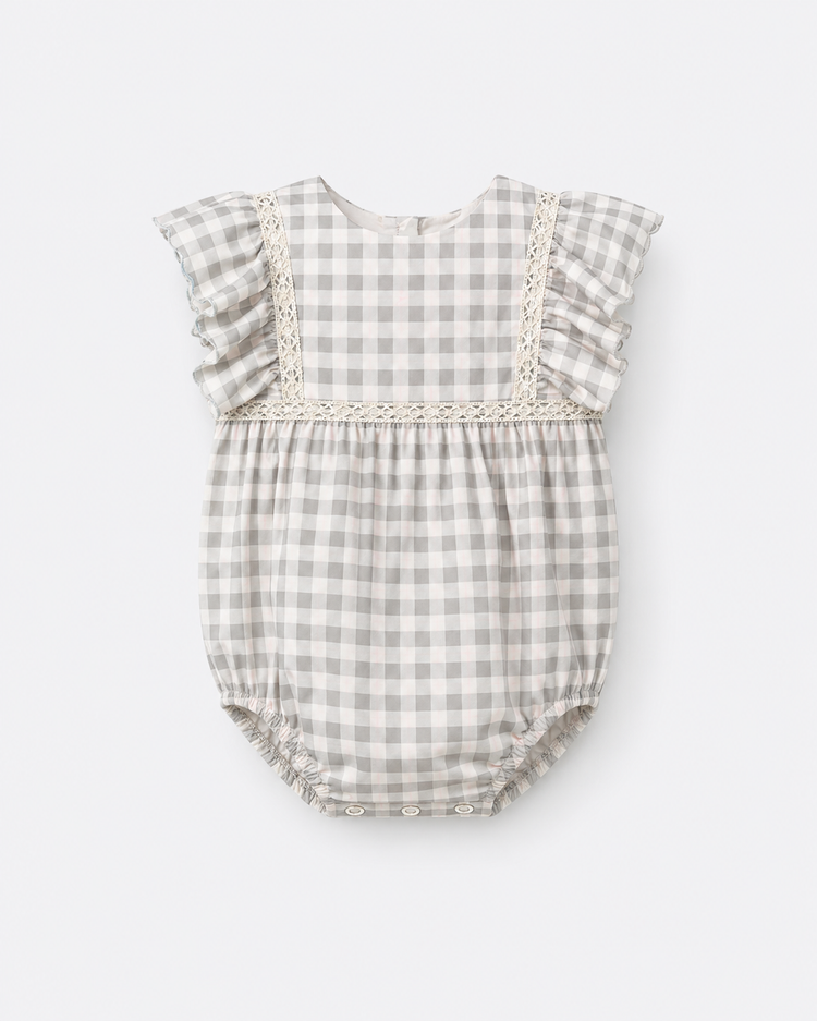 Baby wearing Anaario Grey Gingham Lace Frill Romper with frill sleeves, newborn to 24 months