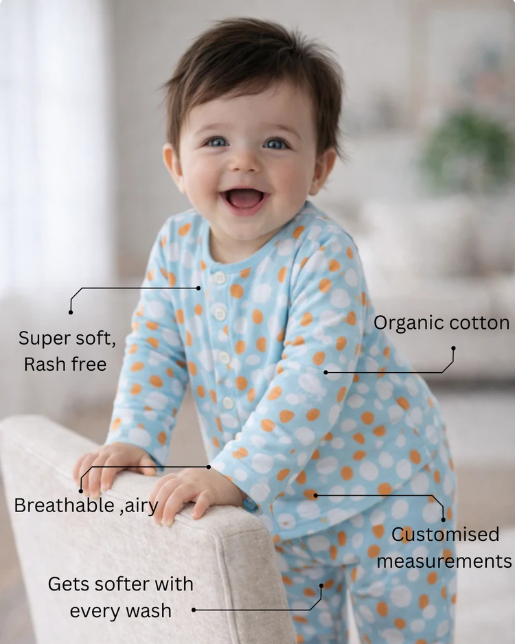 Baby wearing Anaario Ivory and Tangerine Poppy Raindrops organic mulmul cotton Sakura set, newborn to 24 months