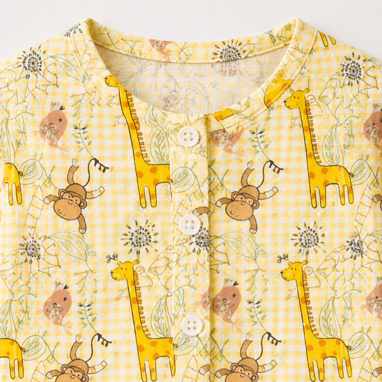 Baby wearing Anaario Jungle Gingham organic mulmul cotton Blossom Breeze set, newborn to 24 months