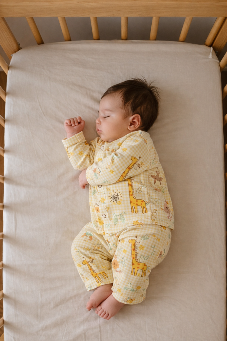 Baby wearing Anaario Jungle Gingham organic mulmul cotton Blossom Breeze set, newborn to 24 months