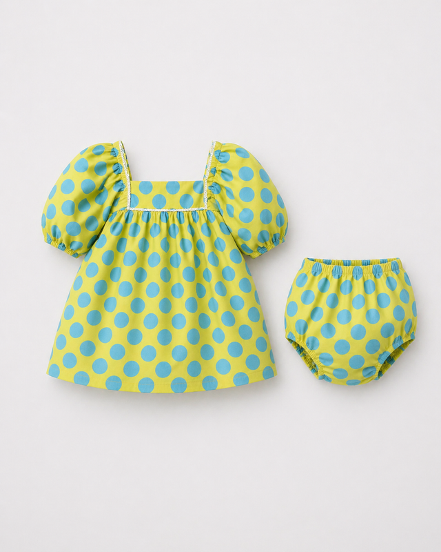 Baby wearing Anaario Lime Polka Dot Puff Sleeve lime green with white polka dots dress set, newborn to 24 months