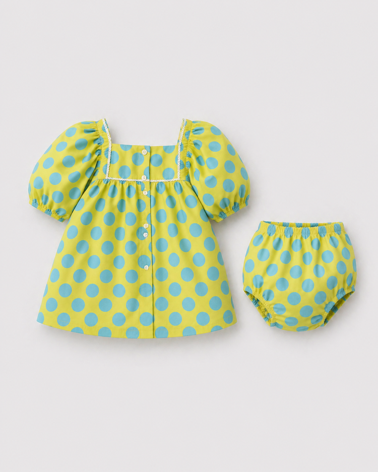 Baby wearing Anaario Lime Polka Dot Puff Sleeve lime green with white polka dots dress set, newborn to 24 months