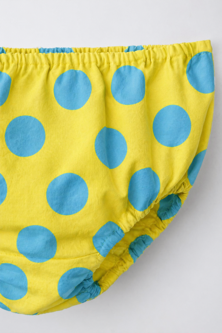 Baby wearing Anaario Lime Polka Dot Puff Sleeve lime green with white polka dots dress set, newborn to 24 months