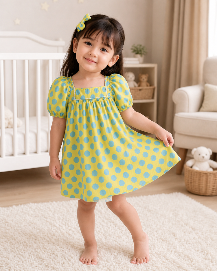 Baby wearing Anaario Lime Polka Dot Puff Sleeve lime green with white polka dots dress set, newborn to 24 months