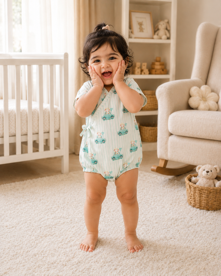 Baby wearing Anaario Mint Car Wrap mint stripes with car prints romper, newborn to 24 months