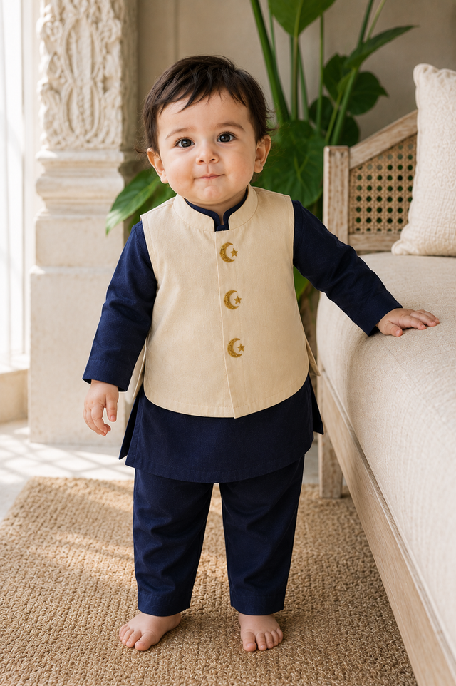 Baby wearing Anaario Navy Moon-Star Motif Jacket Kurta Set, navy kurta with ivory moon-and-star embroidered jacket, newborn to 24 months