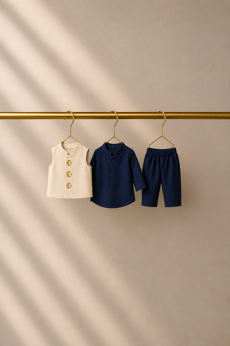 Baby wearing Anaario Navy Moon-Star Motif Jacket Kurta Set, navy kurta with ivory moon-and-star embroidered jacket, newborn to 24 months